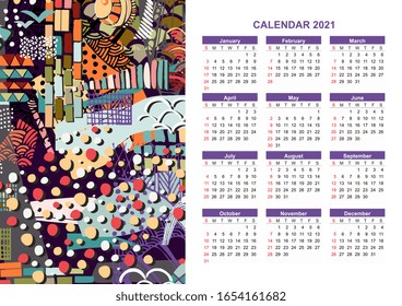 Calendar for 2021 year with colorful abstract ornament. Week starts on sunday. Bright vector design.