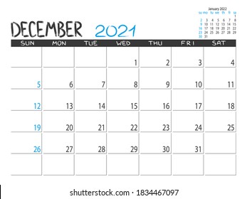 Calendar 2021 year. December 2021 planner.Desctop calendar design. Month planner. Grunge trendy background. Life or business planner. Place for notes. Printable template.