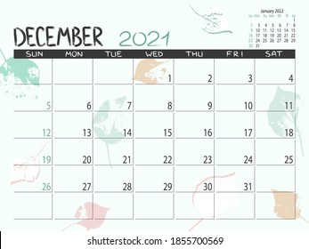 Calendar 2021 year. December 2021 planner.Desctop calendar design. Month planner. Grunge trendy background. Life or business planner. Place for notes. Printable template.