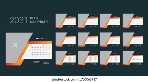 Calendar for 2021 year. Deskl calendar planner template. Week starts on Monday.Set of 12 months. Vector illustration