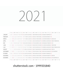 Calendar 2021 year horizontal orientation. Week starts from Sunday. SimpleTemplate. Modern calendar concept isolated on white background.