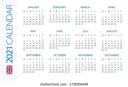 Calendar 2021 year Horizontal - vector illustration. English version. Week starts on Monday