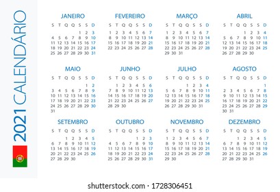Kalender 2021 Jahr Horizontal - Vektorgrafik. Portugiesische Fassung