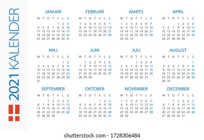 Calendar 2021 year Horizontal - vector illustration. Danish version
