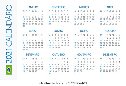 Calendar 2021 year Horizontal - vector illustration. Brazilian version