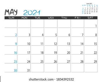 Calendar 2021 year. May 2021 planner. Desctop calendar design. Month planner. Grunge trendy background. Life or business planner. Place for notes. Printable template.