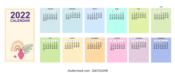 Calendar for 2021 year monthly template. Basic grid week starts on sunday. Vector