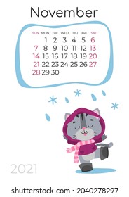 Calendar of 2021 year, November with cute gray kitty, cat in purple raincoat, coat, boots with falling snow, numbers isolated on white. Vector illustration for postcard, banner, web, design, arts.