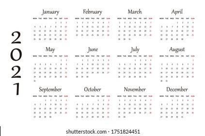 Calendar for 2021 year on a white background with decorative yellow waves. Week starts from monday. Horizontal.