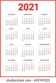 Calendar for 2021 Year on White Background. Week Starts Monday. Simple Vector Template. Stationery Design Template