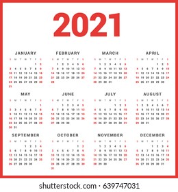 Calendar for 2021 Year on White Background. Week Starts Sunday. Simple Vector Template. Stationery Design Template