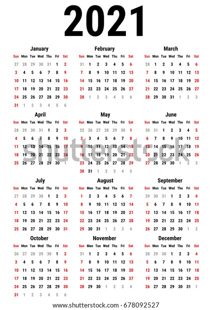 Calendar 2021 Year On White Background Stock Vector (Royalty Free ...