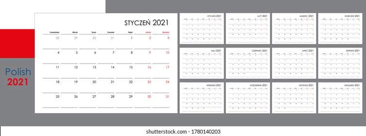 Calendar for 2021 year. An organizer and planner for every day. Week starts from Monday. 12 boards, months set. Wall layout. Clear template. Polish language.