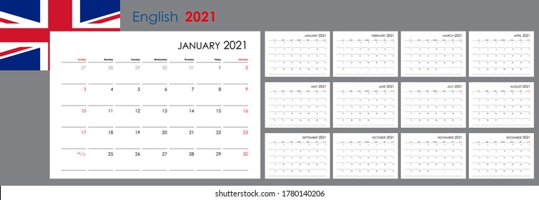 Calendar for 2021 year. An organizer and planner for every day. Week starts from Sunday. 12 boards, months set. Wall layout. Clear template. English language.