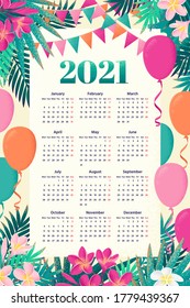 Calendar for 2021 year with palm leaves, pink, white frangipani (plumeria) flowers, flags, balloons frame. Week starts from Monday. Retro vector illustration 