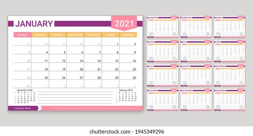 Calendario para 2021. Planner, plantilla de calendario. La semana comienza el domingo. Vector. Organizador anual de papelería. Cuadrícula de planificación de tabla con 12 meses. Diseño diario mensual horizontal. Ilustración de color simple