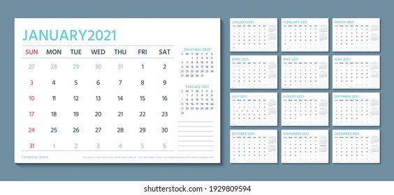 Calendario para 2021. Plantilla de planificador. La semana comienza el domingo. Vector. Organizador anual de papelería. Diseño de calendario. Diario horizontal mensual con 12 meses. Cuadrícula de planificación de tabla. Ilustración simple.