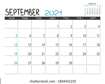 Calendario 2021 año. Planificador de septiembre de 2021. Diseño del calendario de la parte inferior. Planificador mensual. El fondo es muy moderno. La vida o el planificador de negocios. Colocar notas. Plantilla imprimible.