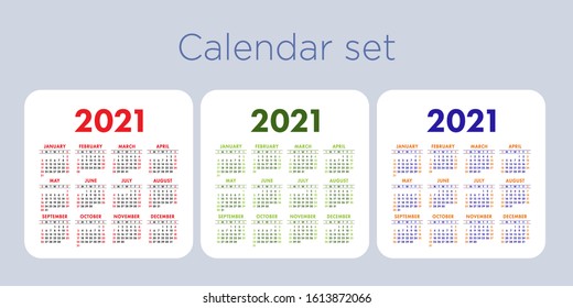 Calendar 2021 year set. Vector pocket or wall calender template collection. Simple color design. Week starts on Sunday