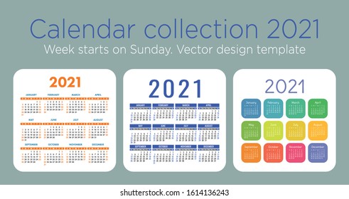 Calendar 2021 year set. Vector pocket or wall calender template collection. Simple color design. Week starts on Sunday