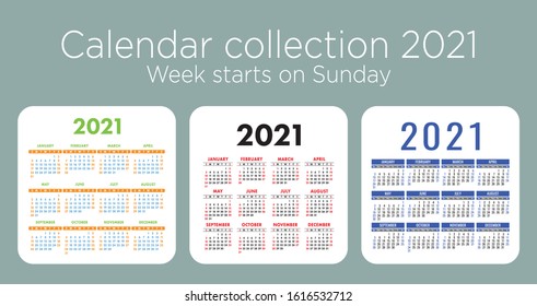 Calendar 2021 year set. Vector pocket or wall calender template collection. Simple color design. Week starts on Sunday
