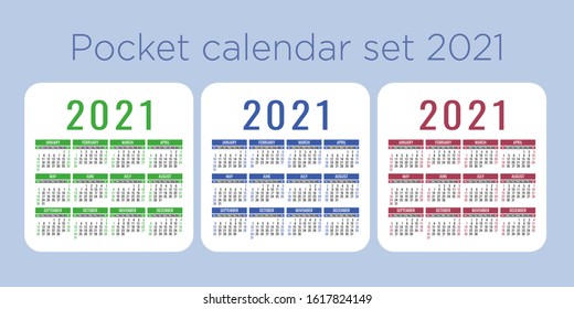 Calendar 2021 year set. Vector pocket or wall calender template collection. Simple color design. Week starts on Sunday