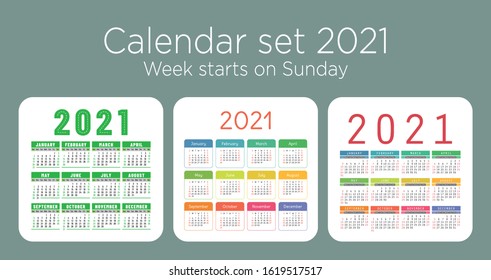 Calendar 2021 year set. Vector pocket or wall calender template collection. Simple color design. Week starts on Sunday