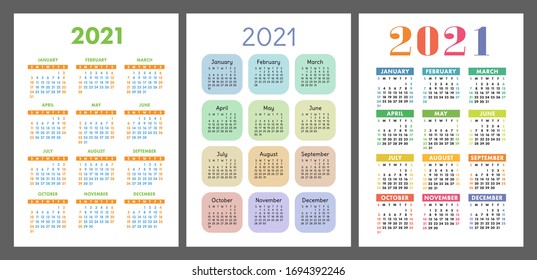 Calendar 2021 year set. Vector pocket or wall calender template collection. Simple design. Week starts on Sunday. January, February, March, April, May, June, July, August, September, October, November