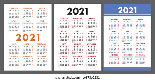 Calendar 2021 year set. Vector pocket template collection. Simple design. Week starts on Sunday. January, February, March, April, May, June, July, August, September, October, November, December