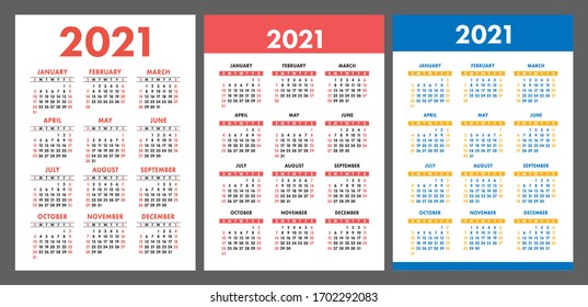 Calendar 2021 year set. Vector pocket or wall calender template design. Week starts on Sunday. January, February, March, April, May, June, July, August, September, October, November, December