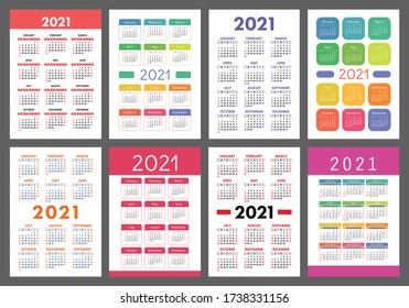 Calendar 2021 year set. Vector pocket or wall calender template collection. Simple design. Week starts on Sunday. January, February, March