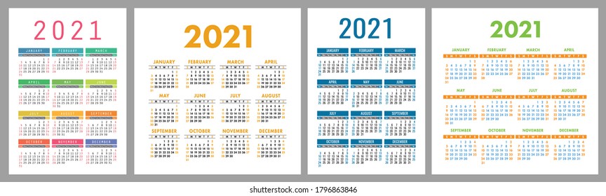 Calendario 2021. Colección de plantillas de vectores. Diseño sencillo. La semana comienza el domingo. Enero, febrero, marzo, abril, mayo, junio, julio, agosto, septiembre, octubre, noviembre, diciembre