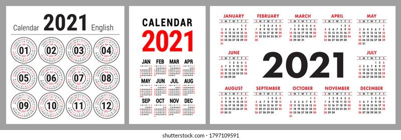Kalenderjahr 2021 festgelegt. Vektor Taschenkalender-Vorlagensammlung. Einfaches Design. Die Woche beginnt am Sonntag. Januar, Februar, März, April, Mai, Juni, Juli, August, September, Oktober, November