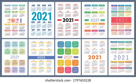 Calendar 2021 Year Set. Vector Template Collection. Simple Design. Week Starts On Sunday. January, February, March, April, May, June, July, August, September, October, November, December