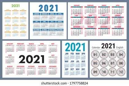 Calendar 2021 year set. Vector template collection. Simple design. Week starts on Sunday. January, February, March, April, May, June, July, August, September, October, November, December