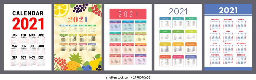 Calendar 2021 year set. Vector pocket or wall calender template collection. Simple design. January, February, March, April, May, June, July, August, September, October, November, December
