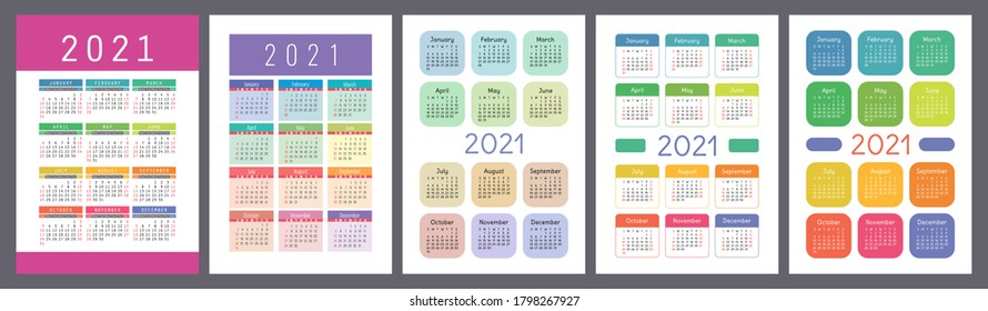 Calendar 2021 year set. Vector pocket or wall calender template collection. Simple design. January, February, March, April, May, June, July, August, September, October, November, December