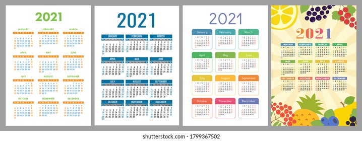 Calendar 2021 year set. Vector pocket or wall calender template collection. Simple design. January, February, March, April, May, June, July, August, September, October, November, December