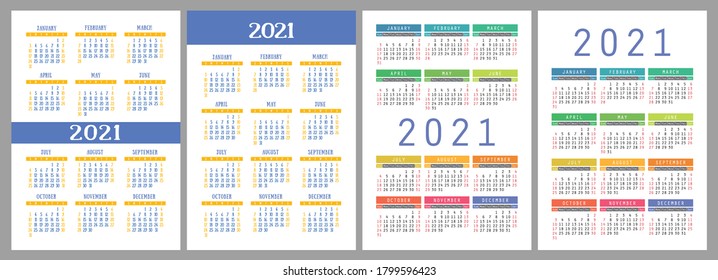 Calendar 2021 year set. Vector pocket or wall calender template collection. Simple design. January, February, March, April, May, June, July, August, September, October, November, December