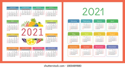Calendar 2021 year set. Vector pocket or wall square calender design template collection. January, February, March, April, May, June, July, August, September, October, November, December