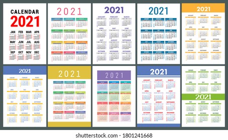 Calendario 2021. Colección de plantillas de vectores. Diseño sencillo. La semana comienza el domingo. Enero, febrero, marzo, abril, mayo, junio, julio, agosto, septiembre, octubre, noviembre, diciembre
