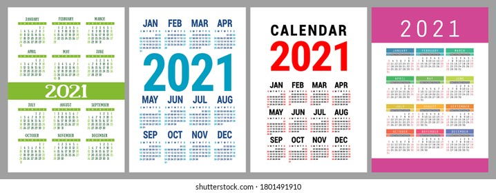 Calendario 2021. Colección de plantillas de bolsillo de vectores o de calibre de pared. Diseño sencillo. Domingo. Enero, febrero, marzo, abril, mayo, junio, julio, agosto, septiembre, octubre, noviembre, diciembre