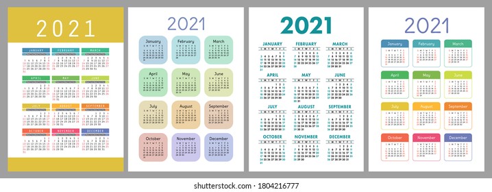 Calendar 2021 year set. Vector pocket or wall calender template collection. Simple design. January, February, March, April, May, June, July, August, September, October, November, December