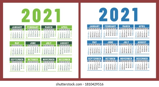 Calendario 2021. Colección de plantillas de diseño de bolsillo vectoriales o cuadrado de pared. Enero, febrero, marzo, abril, mayo, junio, julio, agosto, septiembre, octubre, noviembre, diciembre