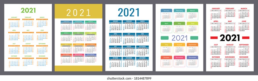 Calendar 2021 year set. Vector pocket or wall calender template collection. Week starts on Sunday. January, February, March, April, May, June, July, August, September, October, November, December