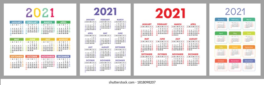 Calendar 2021 year set. Vector template collection. Simple design. Week starts on Sunday. January, February, March, April, May, June, July, August, September, October, November, December