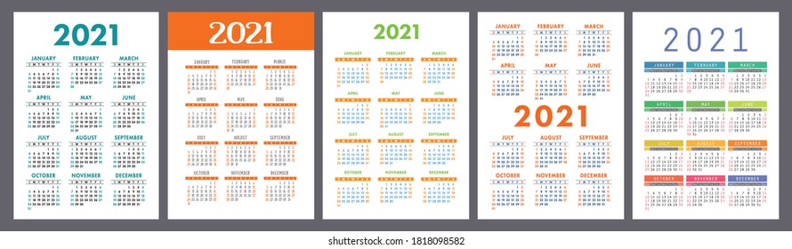 Calendar 2021 year set. Vector pocket or wall calender template collection. Week starts on Sunday