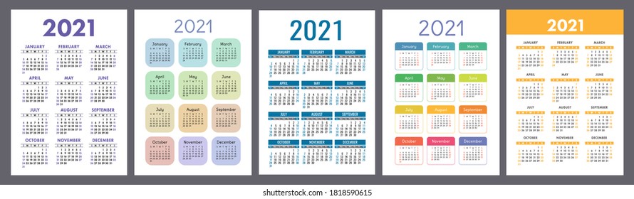 Calendar 2021 year set. Vector pocket or wall calender template collection. Simple design. Week starts on Sunday. 