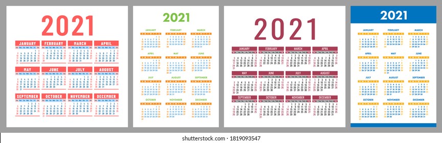 Calendar 2021 year set. Vector template collection. Simple design. Week starts on Sunday. January, February, March, April, May, June, July, August, September, October, November, December