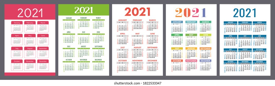 Calendario 2021. Colección de plantillas de bolsillo de vectores o de calibre de pared. Diseño sencillo. La semana comienza el domingo. 